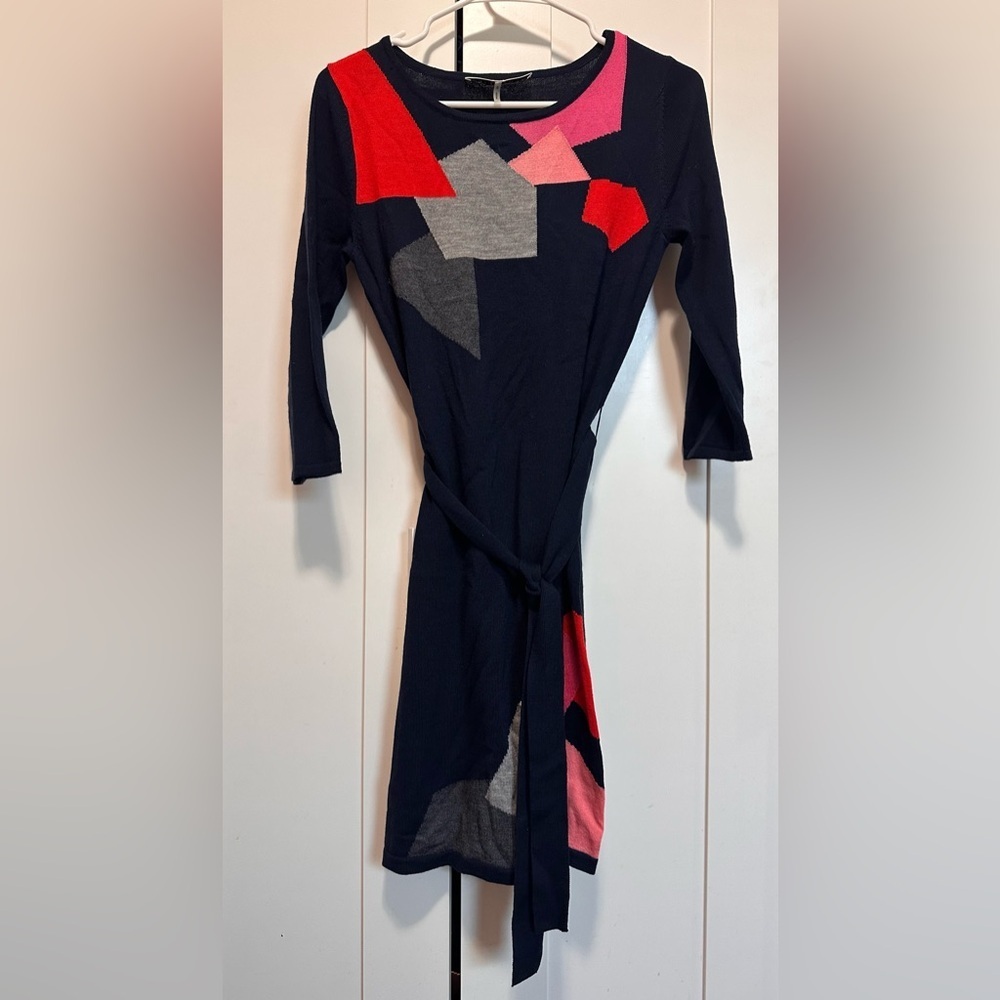 Trina Turk Merino Wool Geometric Patterned Navy‎ Blue Belted Dress Size S